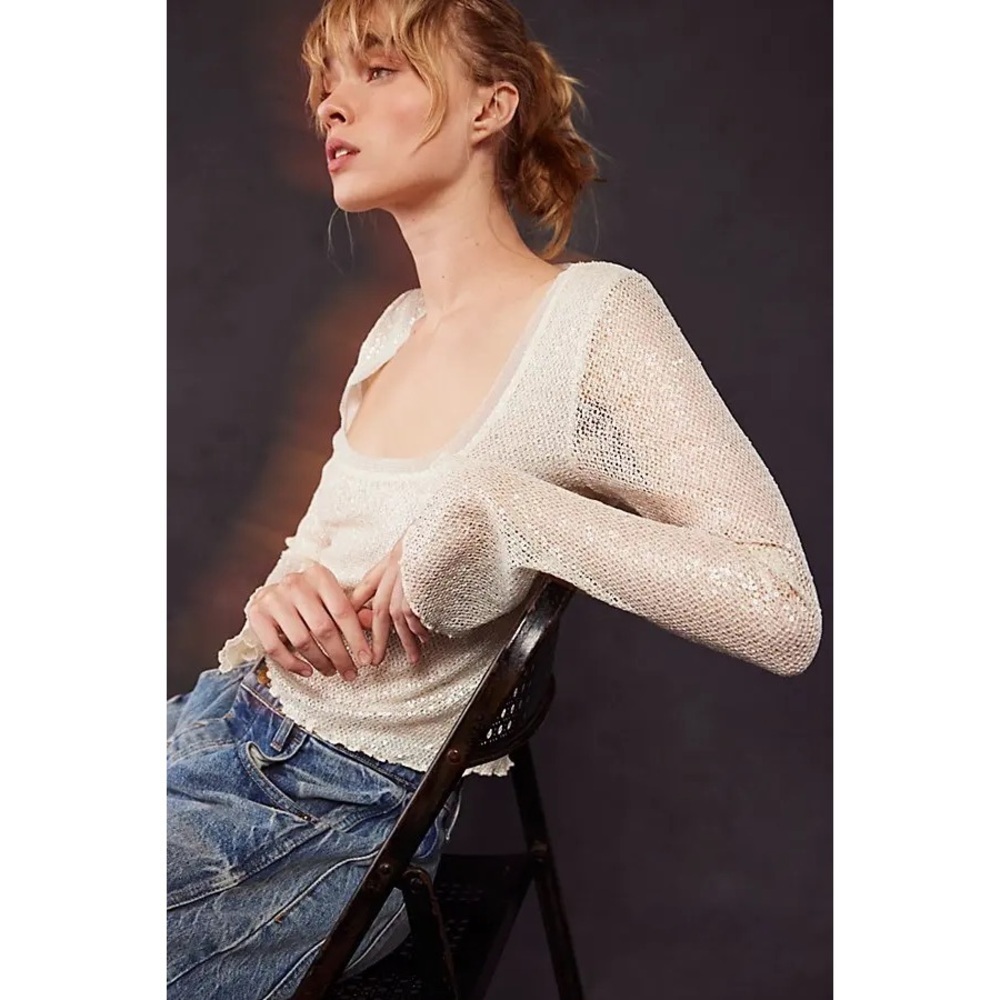 NWT Free People Late Night Disco Layering Top Sequin White Snowing Combo